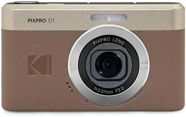 The camera showing the silver lens barrel and leather texture body