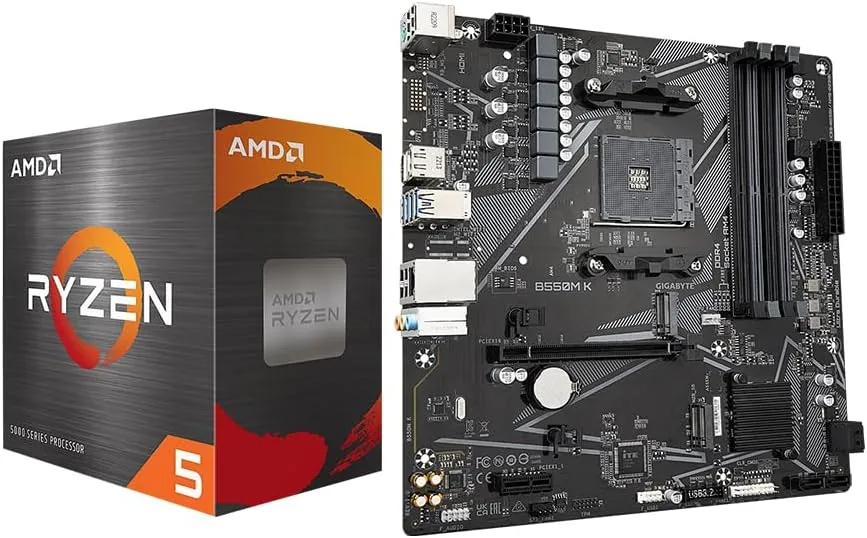 AMD Ryzen 5 5500 processor and GIGABYTE B550M K motherboard laid out together