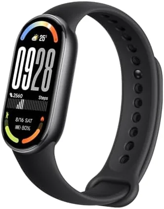 The midnight black Xiaomi Mi Smart Band 10 on a wrist outdoors