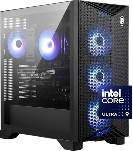 The MSI Aegis R2 AI gaming desktop on a desk with a monitor
