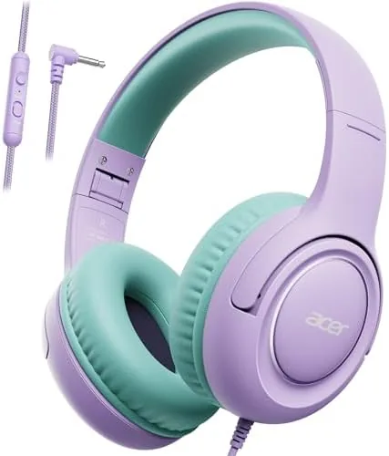 The purple and green Acer kids headphones on a child at a school desk