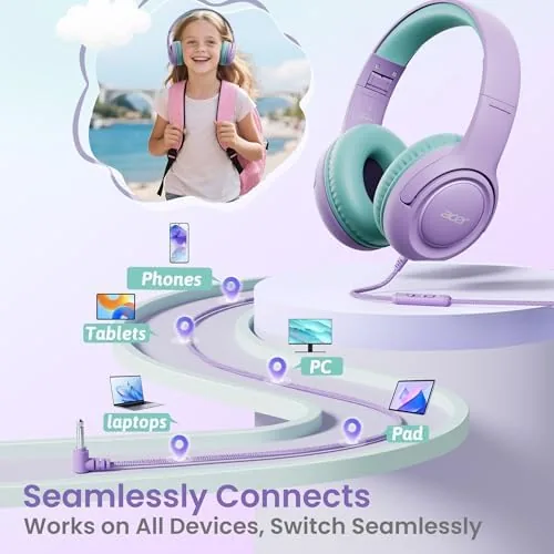The wired Acer headphones beside a Bluetooth kids model and adult headphones