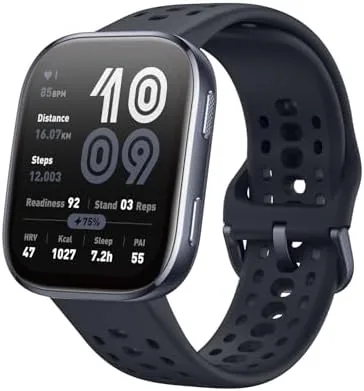 The Amazfit Bip 6 on a wrist showing its bright AMOLED watch face
