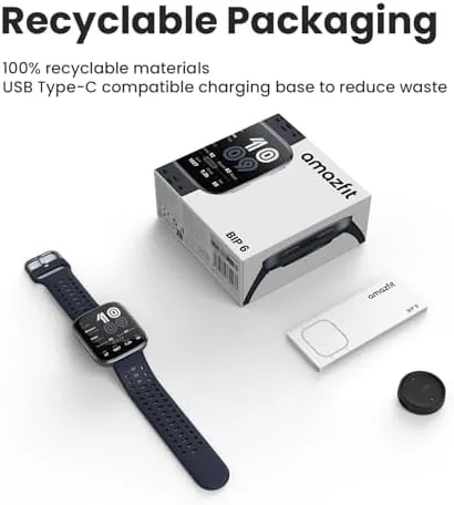 The Amazfit Bip 6 charging beside a phone showing the Zepp app