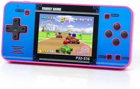 The pink and blue handheld game console held in a child's hands