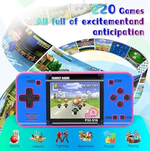 Close up of the 3 inch IPS screen displaying a colorful racing game