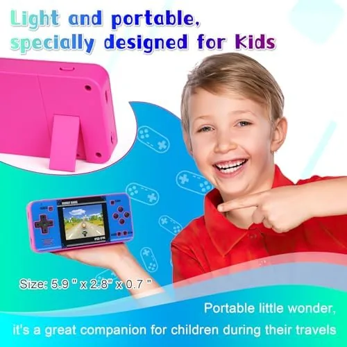 Two children taking turns with the handheld game in the back seat of a car