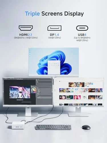 A three monitor desk setup driven by the UM880 Plus