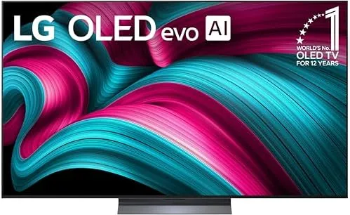 LG 65 inch C5 OLED evo on a slim central stand in a living room