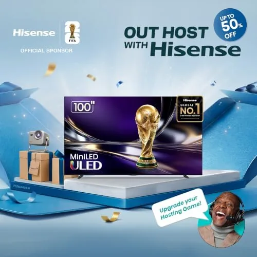 A close up of the slim bezel and the angled feet of the Hisense television