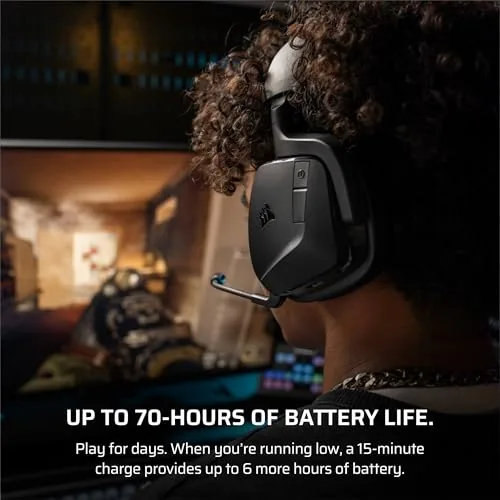 The Corsair Void v2 headset resting on a hook beside a gaming PC