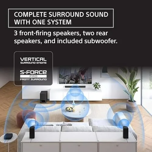A movie scene playing on a TV with the Sony Theater System front soundbar below