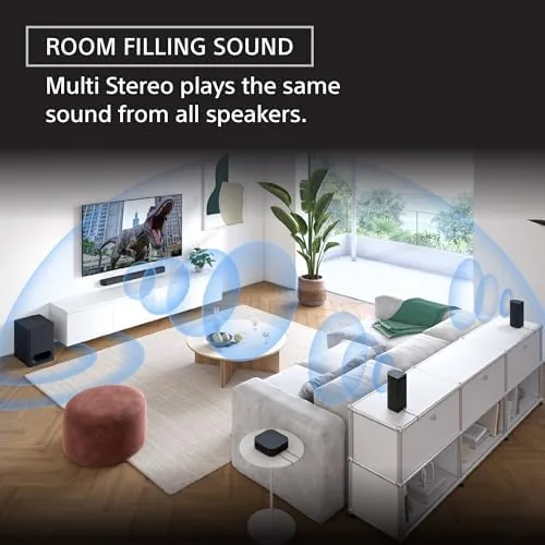 A test tone and surround sound calibration playing through the Sony system
