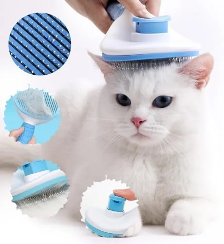 Fur being released from the brush by the button over a bin