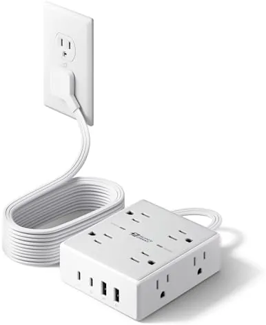 SUPERDANNY power strip with flat plug plugged into a wall outlet