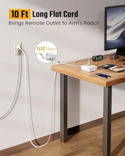 Eight AC outlets with bulky adapters plugged in side by side
