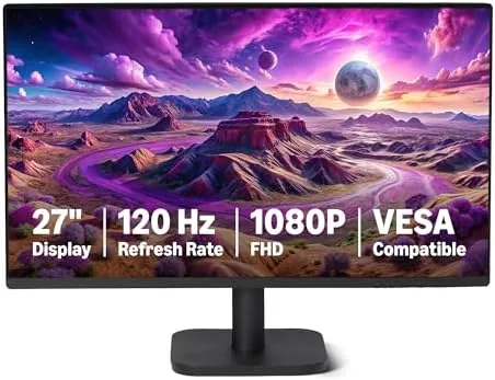 The Amazon Basics 27-inch monitor on a desk showing a bright workspace