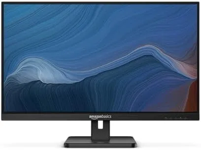 The monitor mounted on a VESA arm above a tidy home office desk