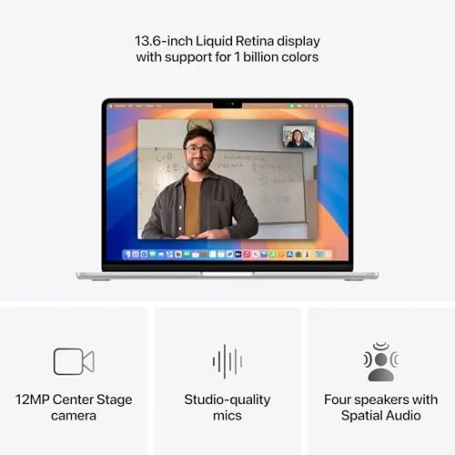 The MacBook Air running a video call with the Center Stage camera active