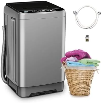 Portable washing machine on a bathroom counter with a filled tub