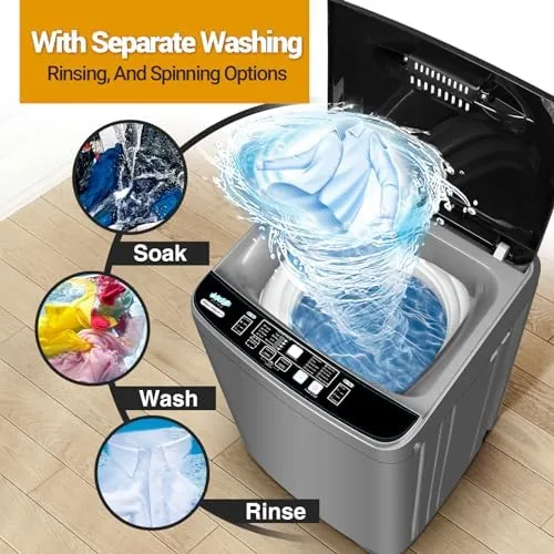 Portable washer set up in a small apartment laundry corner