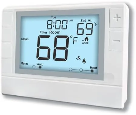 Programmable thermostat mounted on a hallway wall showing the display