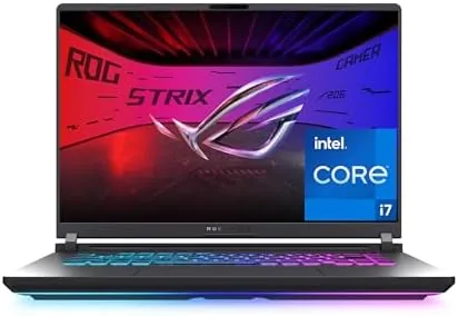 ASUS ROG Strix G16 gaming laptop open on a desk with RGB lighting