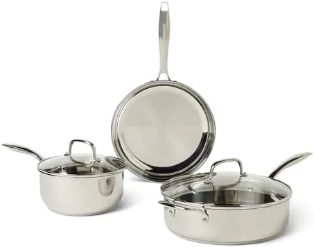 Amazon Basics 5-piece stainless steel cookware set arranged on a counter