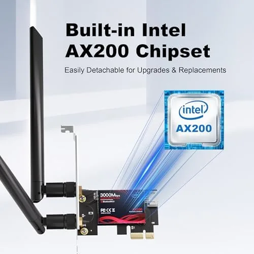 Detail shot of the WiFi 6 PCIe Card for Gaming PC with Bluetooth 5.2,3000Mbps features