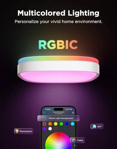 The ceiling light showing a multi color RGBIC gradient effect
