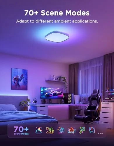 Bedroom lit by the ceiling light in a warm white tone in the evening