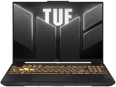 ASUS TUF Gaming F16 laptop open on a desk showing the 144Hz display