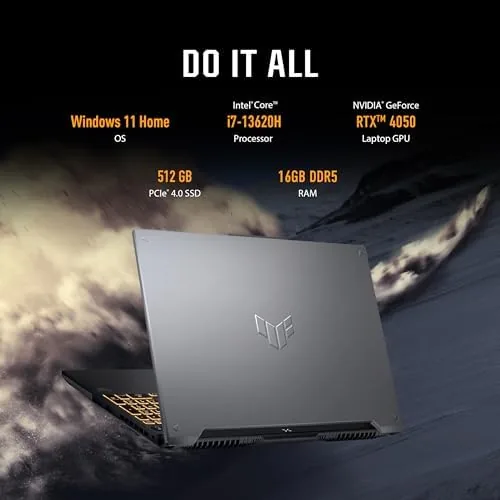 Side profile of the ASUS TUF Gaming F16 showing ports and vents