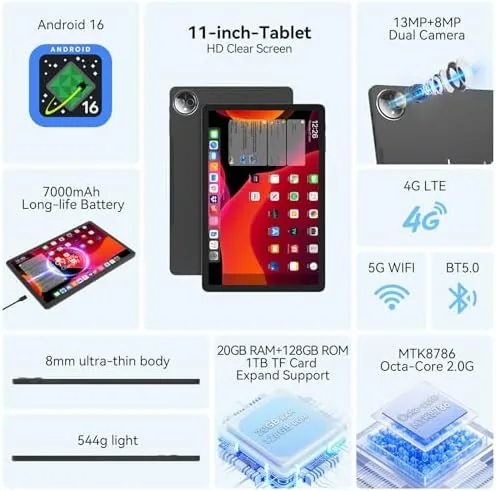 Close look at the Tablet 11 inch Android 16 Tablet 2026 Latest Update Octa-Core build quality