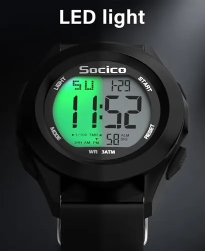 The SOCICO Mens Digital Watch Waterproof LED Light 12/24H Military Style in real use
