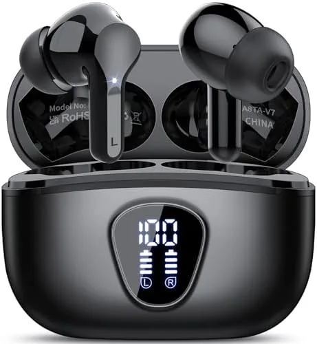 Black wireless earbuds with the LED display charging case