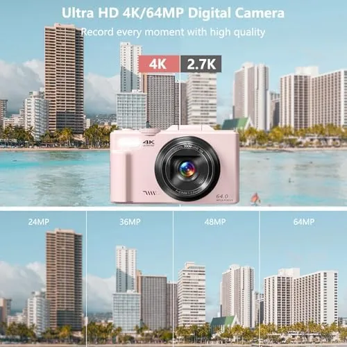 Back of the pink vlogging camera showing the hinged flip screen in the forward position