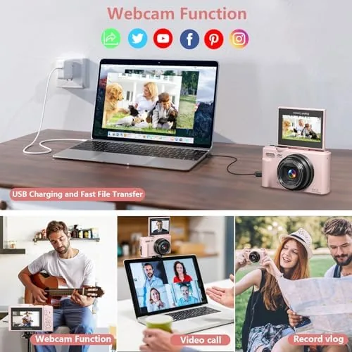 Brightly lit desk setup showing the pink camera ready for a vlogging session