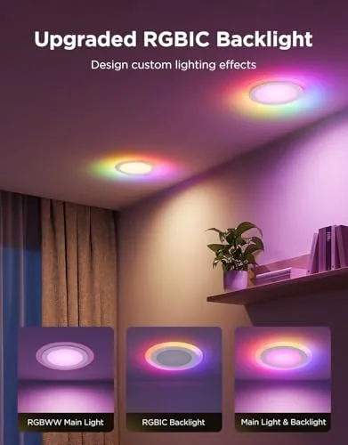 The recessed light showing a flowing RGBIC gradient across the lens