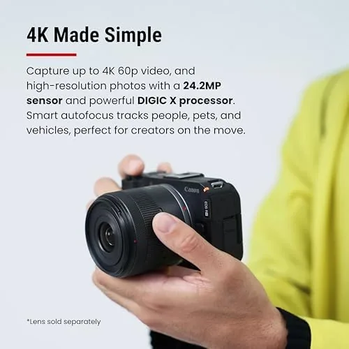 A creator using the R50 V on a tripod with the flip screen facing the camera operator
