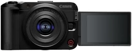 Close up of the RF-S14-30mm lens on the camera showing the power zoom switch