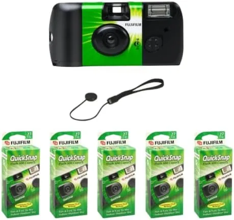 A photo lab envelope with developed prints from the QuickSnap cameras spread out