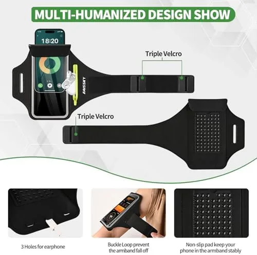 The armband packed with a phone, a card, and keys ready for a morning run