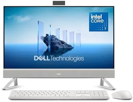 Dell 27 inch all-in-one desktop on a home desk with the included keyboard and mouse
