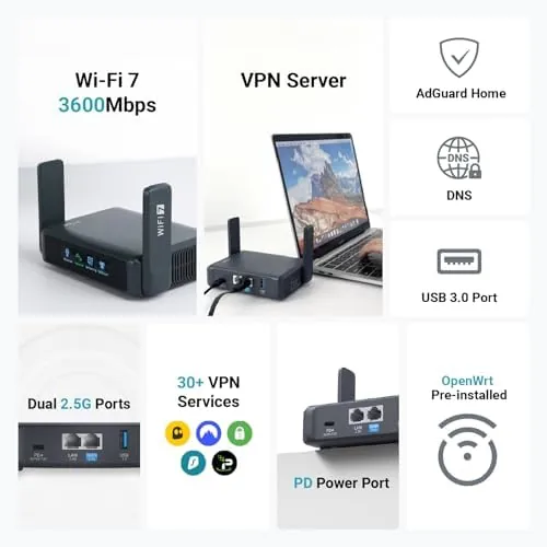 Detail shot of the GL.iNet GL-BE3600 Slate 7 Wi-Fi 7 Travel Router Touchscreen 2.5G features