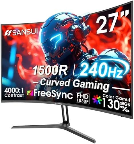 SANSUI 27 inch curved gaming monitor on a desk with a gaming setup