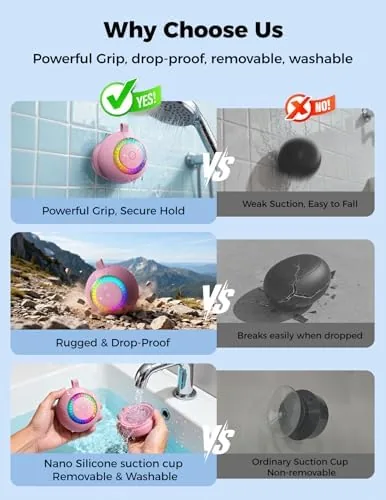 The Bluetooth Shower Speaker IPX7 Waterproof: Removable Suction Cup, Pink | compared in context