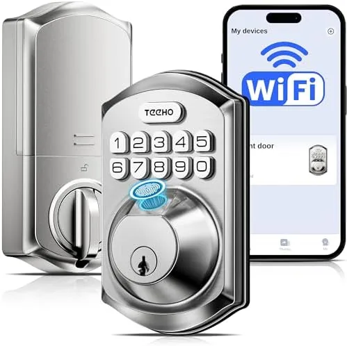 The TEEHO TE012W smart lock in satin nickel mounted on a front door