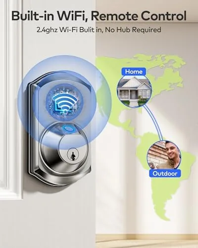 A finger touching the fingerprint sensor on the satin nickel TEEHO lock