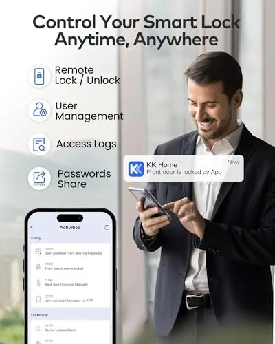 The TEEHO app showing lock status and user codes on a smartphone
